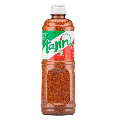 Frasco de tempero Tajín com rótulo colorido e tampa branca