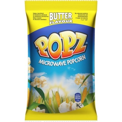 Pacote de pipocas para micro-ondas POPZ sabor manteiga com design amarelo e azul.