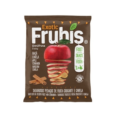 Embalagem snack fruta Exotic Frubis maçã e canela castanha com maçã em fatias e canela