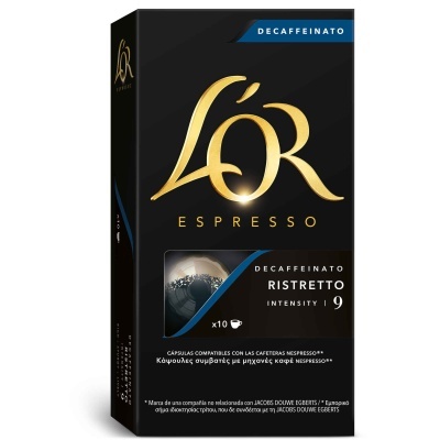 Embalagem preta e dourada de cápsulas de café L'Or Espresso Decaffeinato Ristretto intensidade 9