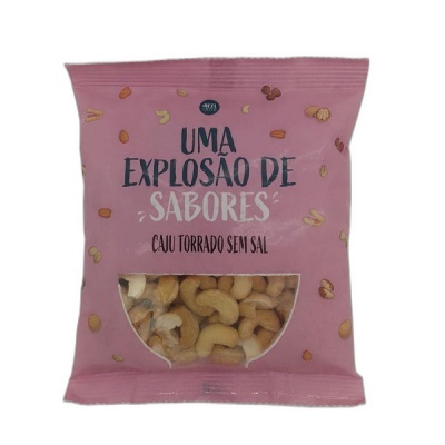 Pacote rosa de caju torrado sem sal com texto e janela transparente