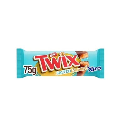 Barra de chocolate Twix Salted Caramel Xtra com embalagem azul clara