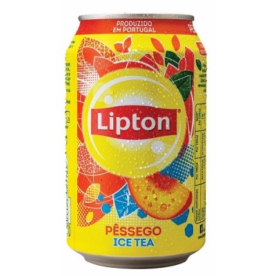 Lata amarela de Lipton Ice Tea sabor pêssego com texto e imagem de pêssego