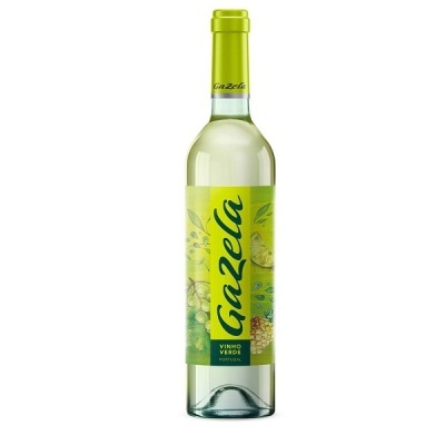 Garrafa de vinho branco Gazela Vinho Verde Portugal com rótulo amarelo-verde e ilustrações de frutas