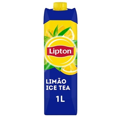 Embalagem tetrapak azul e amarelo de 1L de chá gelado Lipton Limão Ice Tea.