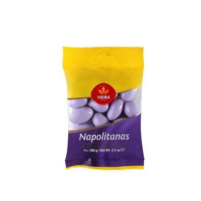 Pacote amarelo e roxo de Napolitanas Vieira com amêndoas cor-de-lilás