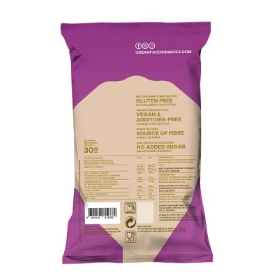 Pacote de snacks roxo e bege com texto informativo em inglês e código de barras.