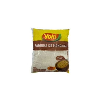 Pacote amarelo, vermelho e branco de farinha de mandioca Yoki com texto e imagem de tigela