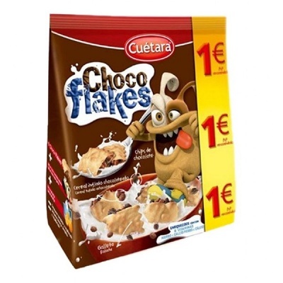 Embalagem de cereais Cuétara Choco Flakes com desenho e texto em várias cores