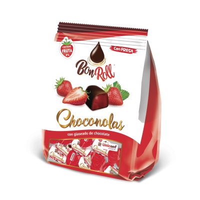 Embalagem de doces Bon Roll Choconolas com glaseado de chocolate e morango