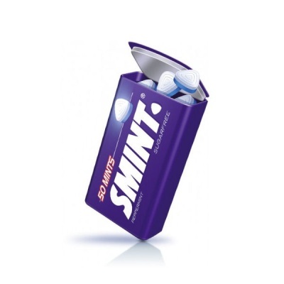 Embalagem roxa de pastilhas SMINT com tampa aberta e pastilhas brancas visíveis