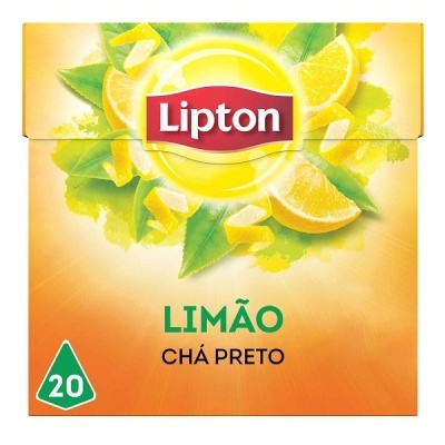 Embalagem de chá preto Lipton sabor limão com ilustrações de limões e folhas