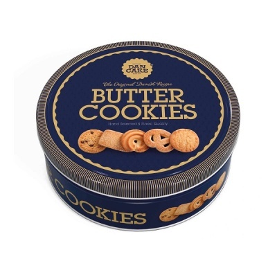 Lata azul escura de bolachas Butter Cookies com texto dourado e ilustrações de bolachas