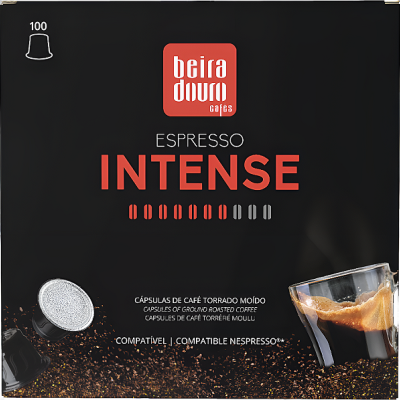 Embalagem preta de cápsulas de café espresso Beira Douro Intense, 100 cápsulas, compatível Nespresso