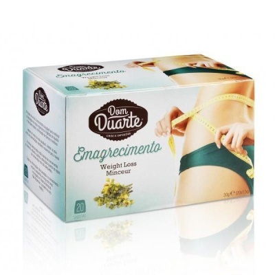Caixa de chá Dom Duarte Emagrecimento com 20 saquetas, imagem de mulher e fita métrica.