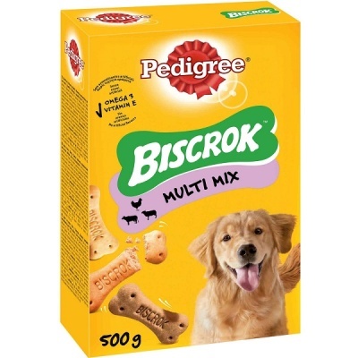 Embalagem amarela do biscoito para cães Pedigree Biscrok Multi Mix 500g com foto de cão e biscoitos