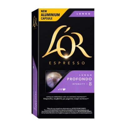 Embalagem preta de cápsulas de café L'OR Espresso Lungo Profondo com detalhes roxos e amarelos