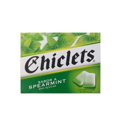 Embalagem Chiclets sabor spearmint com pastilhas e folhas de hortelã