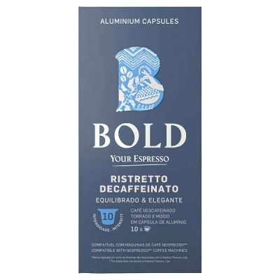 Caixa azul de cápsulas de café BOLD Ristretto Descafeinado