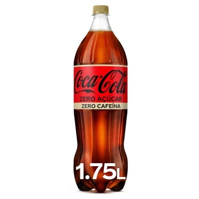 Garrafa de refrigerante Coca-Cola 1,75L com rótulo vermelho e texto 'ZERO AÇÚCAR' e 'ZERO CAFEÍNA'.