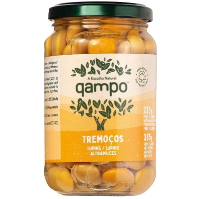 Frasco de tremoços qampo com etiqueta branca e amarela