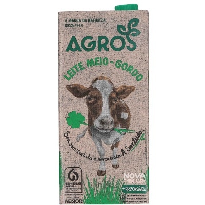 Caixa de leite meio-gordo Agros com imagem de vaca e tampa verde