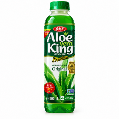 Garrafa de bebida Aloe Vera King Premium Original 500 mL com rótulo verde e branco