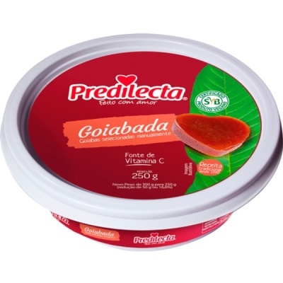 Embalagem redonda de goiabada Predilecta com tampa branca e rótulo vermelho