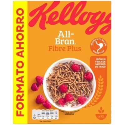 Pacote amarelo e laranja de cereais Kellogg's All-Bran Fibre Plus com prato de cereais e framboesas