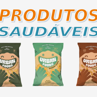 Três pacotes de snacks Urban Foods em verde escuro, verde claro e castanho com texto Produtos Saudáveis acima.