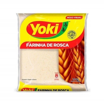 Pacote amarelo e vermelho de farinha de rosca Yoki com 500g