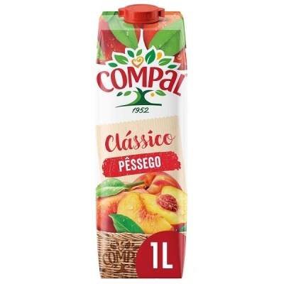 Embalagem cartonada de sumo Compal Clássico Pêssego 1L com tampa vermelha