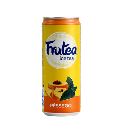 Lata amarela e laranja de Frutea ice tea sabor pêssego com imagem de pêssegos.