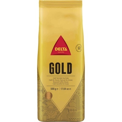 Pacote de café torrado em grão Delta Gold amarelo com logótipo vermelho