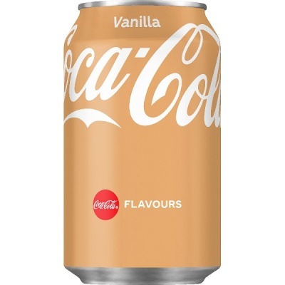 Lata de Coca-Cola Vanilla bege claro com texto branco e logótipo vermelho.