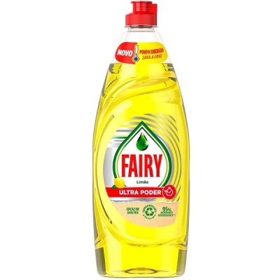 Frasco de detergente líquido Fairy Limão amarelo com tampa vermelha e etiqueta detalhada.