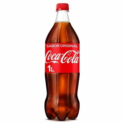 Garrafa plástica de Coca-Cola de 1 litro com rótulo vermelho e texto branco