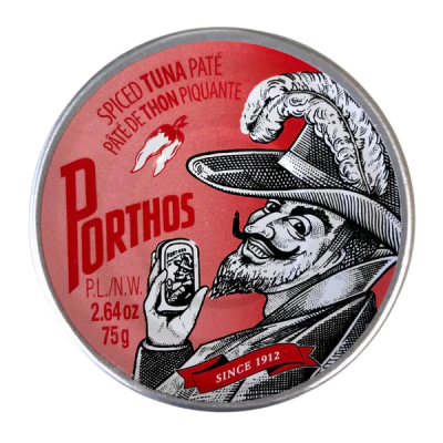 Lata redonda de patê de atum picante Porthos com ilustração de homem com chapéu