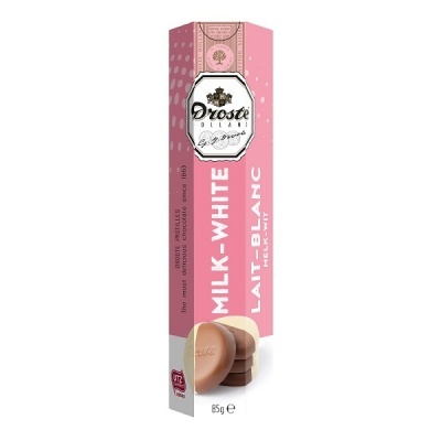 Embalagem rosa e branca de chocolate branco Droste Ovallo com bombons na frente