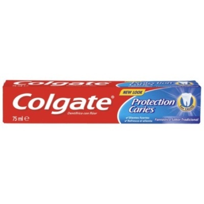 Embalagem de pasta de dentes Colgate Protection Caries 75 ml vermelha e azul