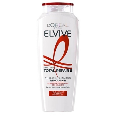 Frasco de champô L'Oréal Elvive Total Repair 5 branco com tampa vermelha
