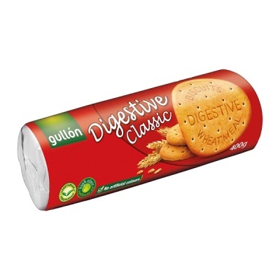 Embalagem vermelha de bolachas Digestive Classic Gullón com bolachas e trigo