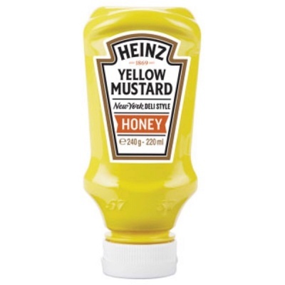 Garrafa de mostarda Heinz Yellow Mustard amarela com tampa branca e rótulo frontal