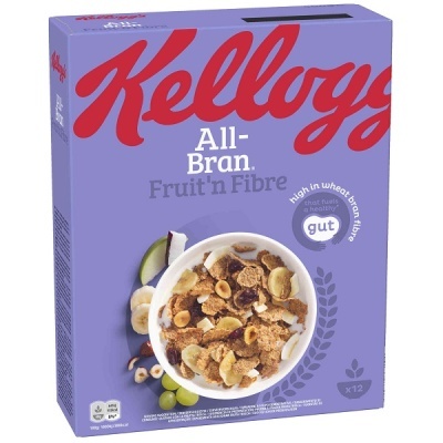 Pacote roxo de cereais Kellogg's All-Bran Fruit'n Fibre com taça de cereais na frente