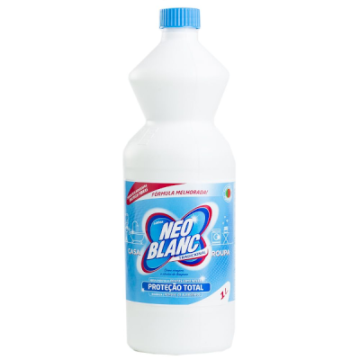 Frasco branco de plástico de 1 litro de Neo Blanc com rótulo azul e tampa azul