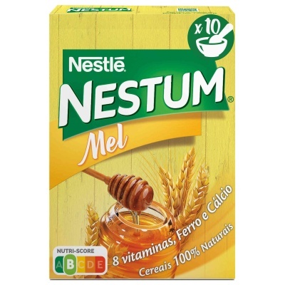 Embalagem de cereais Nestlé Nestum Mel com frasco de mel e espigas de trigo