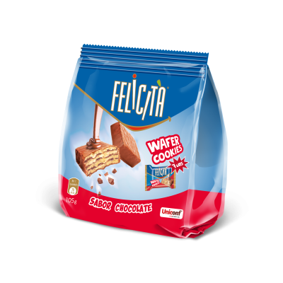 Embalagem azul e vermelha de bolachas wafer de chocolate FELICITA