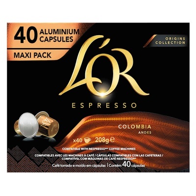 Embalagem preta e dourada de cápsulas de café L'OR Espresso Colombia Andes com 40 cápsulas
