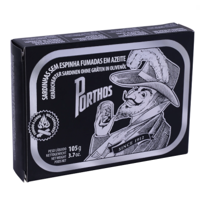 Caixa preta de sardinhas Porthos com ilustração vintage de homem de bigode