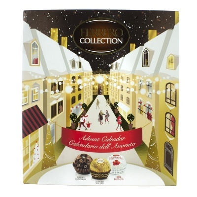 Caixa de calendário do advento Ferrero Collection com ilustração de rua nevada e casas amarelas